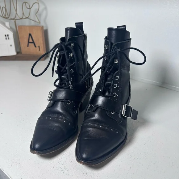 **SOLD**AllSaints Black Leather Lace-Up Ankle Boots Studded Buckle Moto Booties - Picture 3 of 8